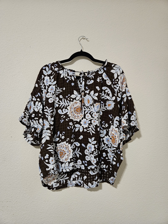 LOFT Tops - LOFT Brown Floral Peasant Top with Blue and Cream Blooms
